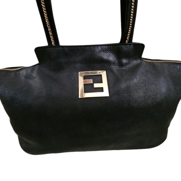 Authentic Extra Large Fendi Black Metallic Nubuck Leather Chain Shoulder Bag - Picture 12 of 16